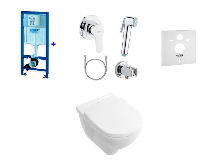 Набор инсталляция система Grohe 38772001+подвесной унитаз Villeroy&Boch O.Novo с сиденьем+гигиенический душ (38770HR1) фото