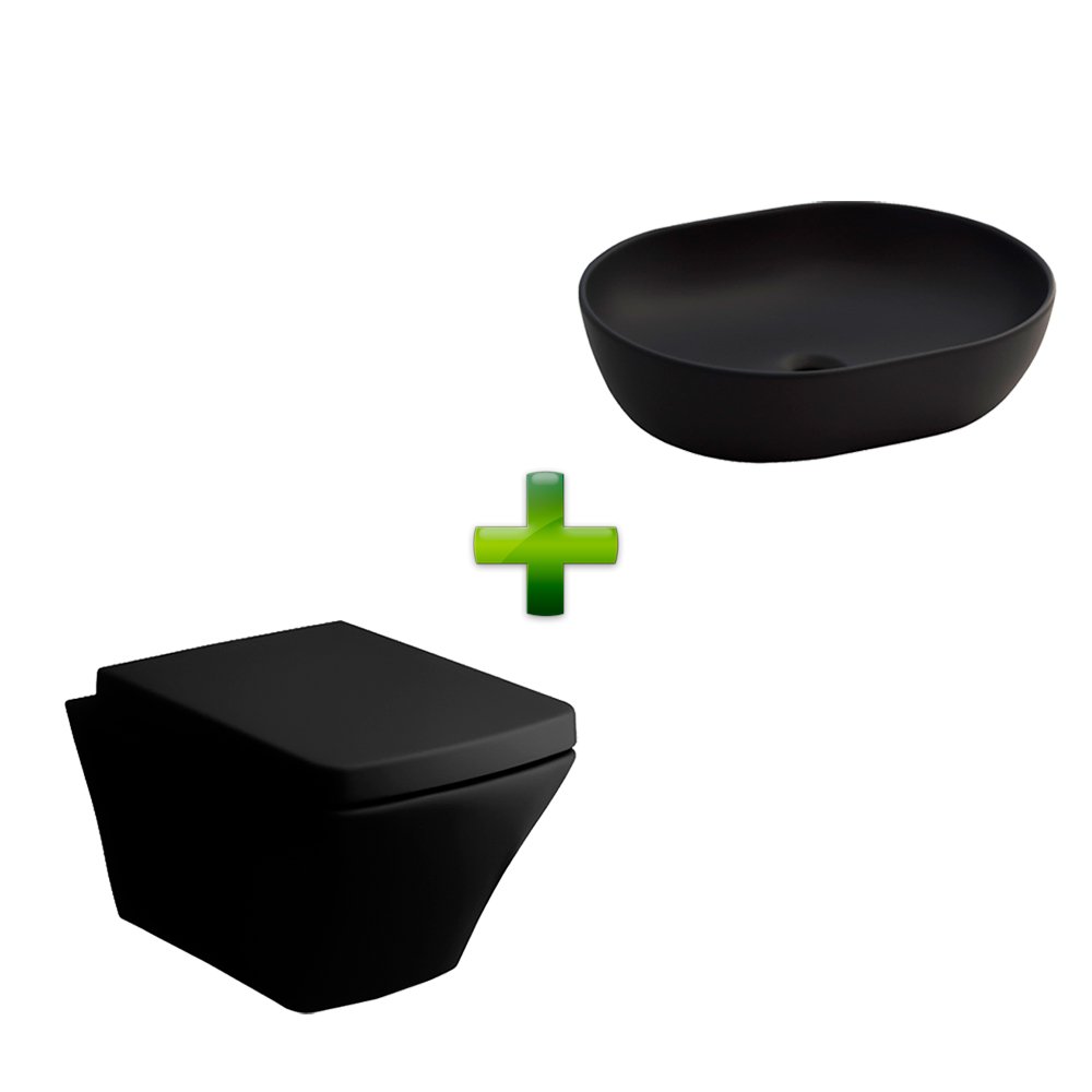 Унитаз подвесной Volle Teo black с крышкой Soft-Close + Умывальник Volle Amadeus 50x38 фото